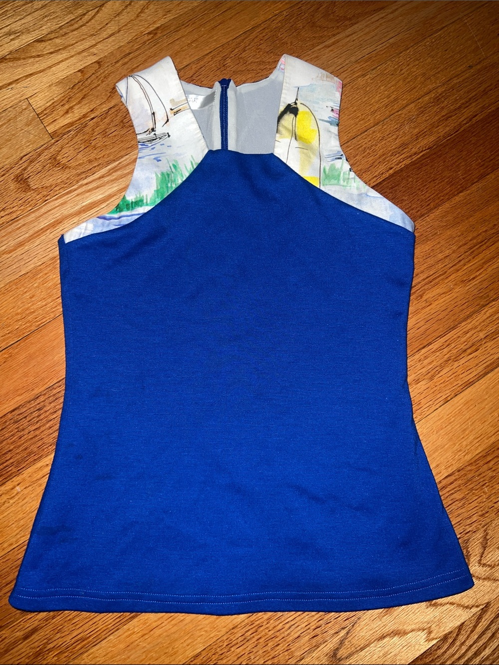 Blue Sleeveless Tank Top with Printed Yoke